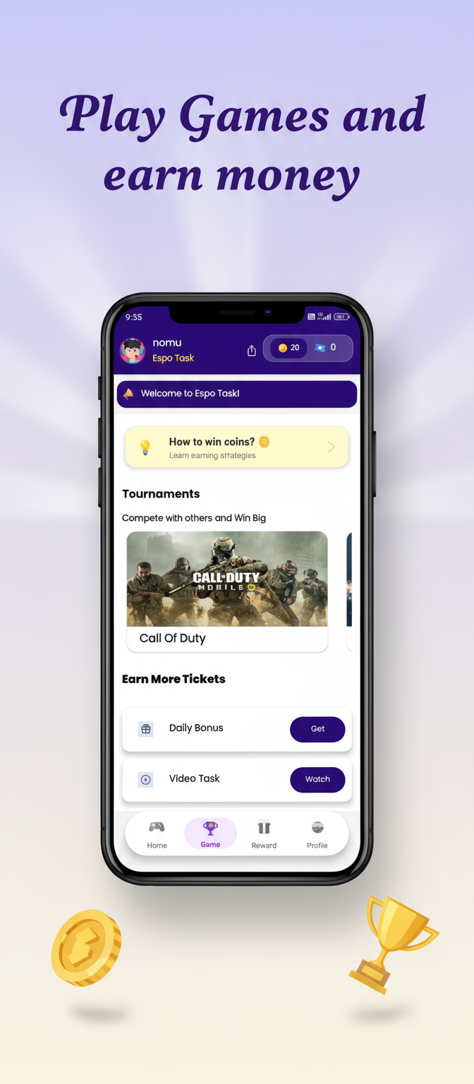 EspoTask rewards dashboard showing available tasks